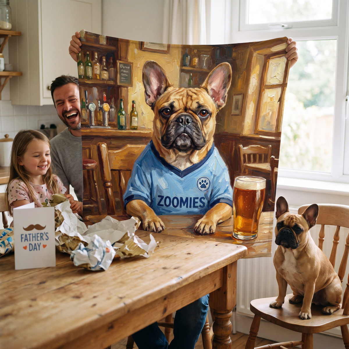 Pawchester City pet portrait fleece blanket in a cosy lifestyle setting