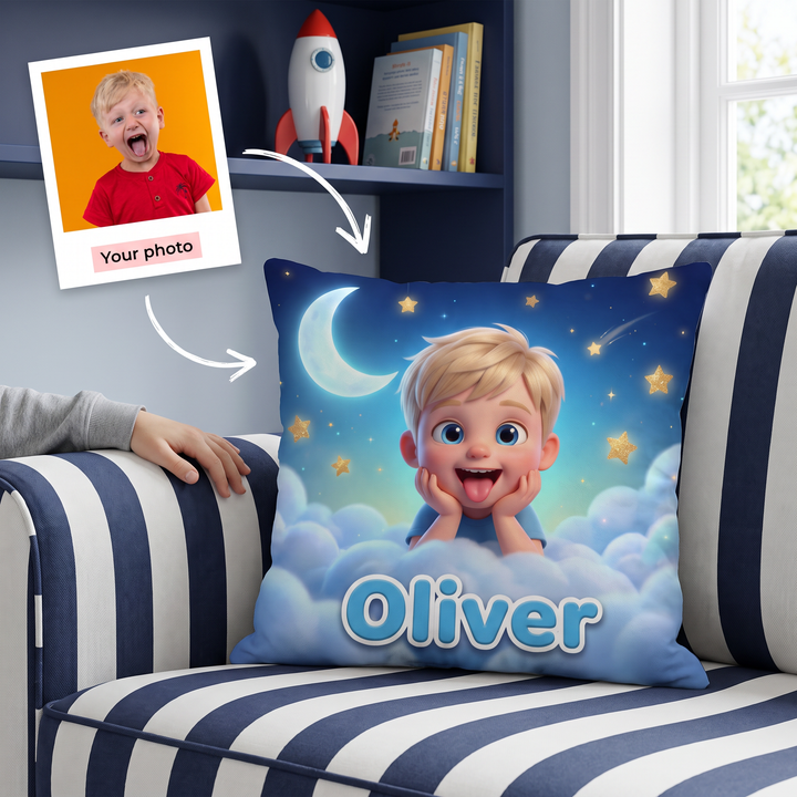 Your photo here - your child's photo turned into a Dreamy Clouds Blue portrait on a personalised cushion