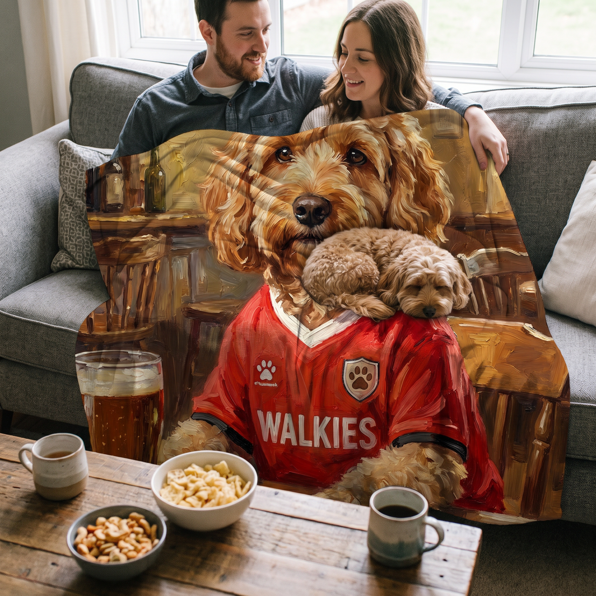 Petchester United personalised pet blanket at home with the real pet