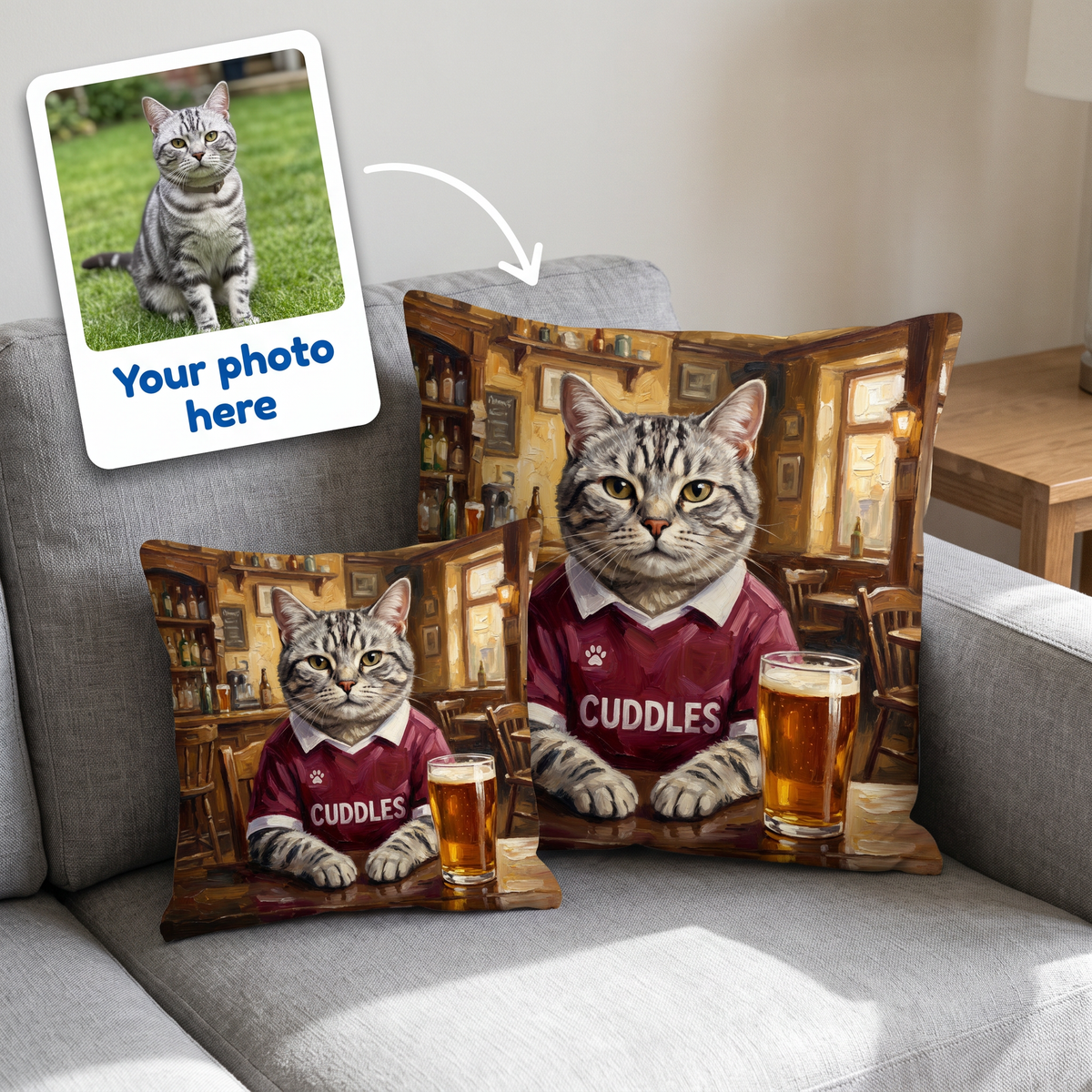Your photo here - your pet's photo turned into a Heart of Midpawthian portrait on a personalised cushion