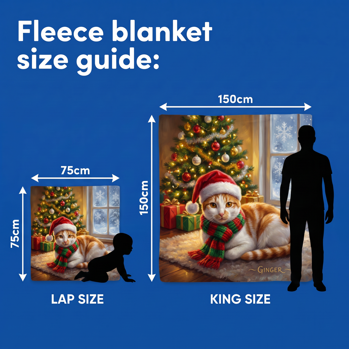 Fleece blanket size guide - Lap Size 75cm x 75cm and King Size 150cm x 150cm