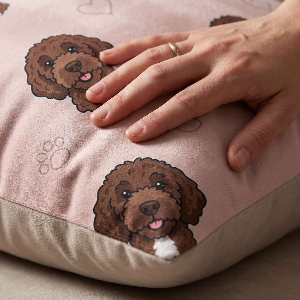 Close up of a hand on the soft-touch faux suede showing the Doodle Pattern print