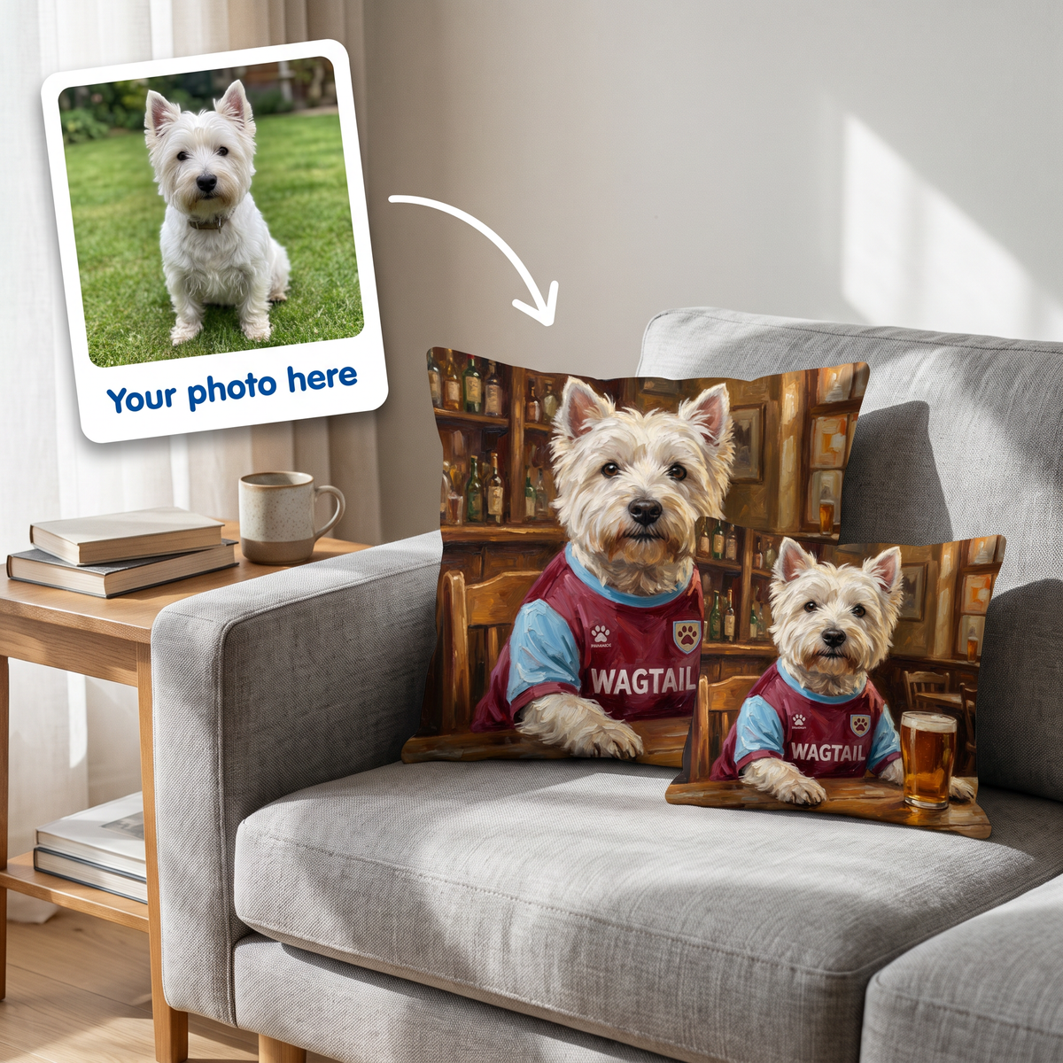 Your photo here - your pet's photo turned into a Westie Ham United portrait on a personalised cushion