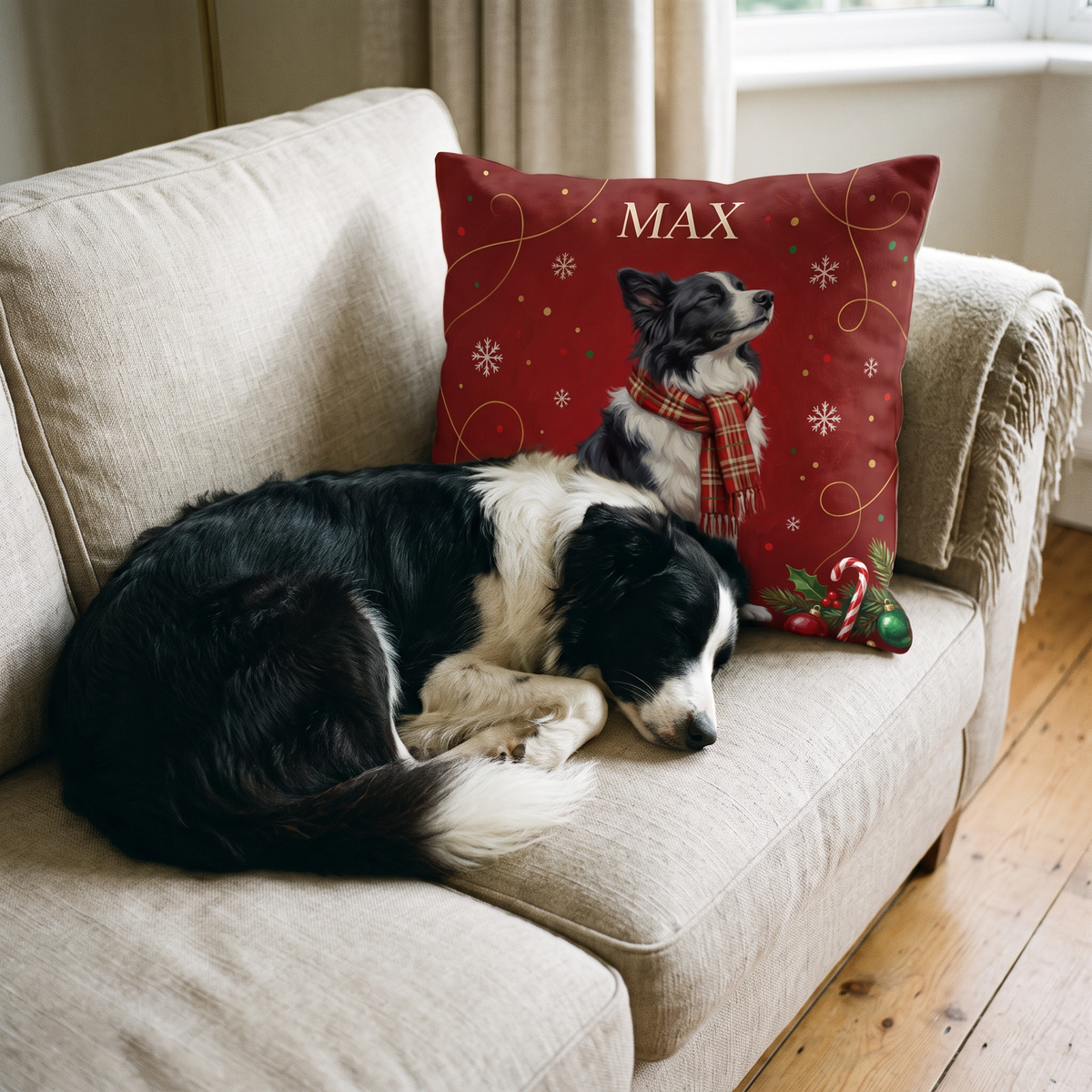 Christmas Tartan Scarf personalised pet cushion with the real pet