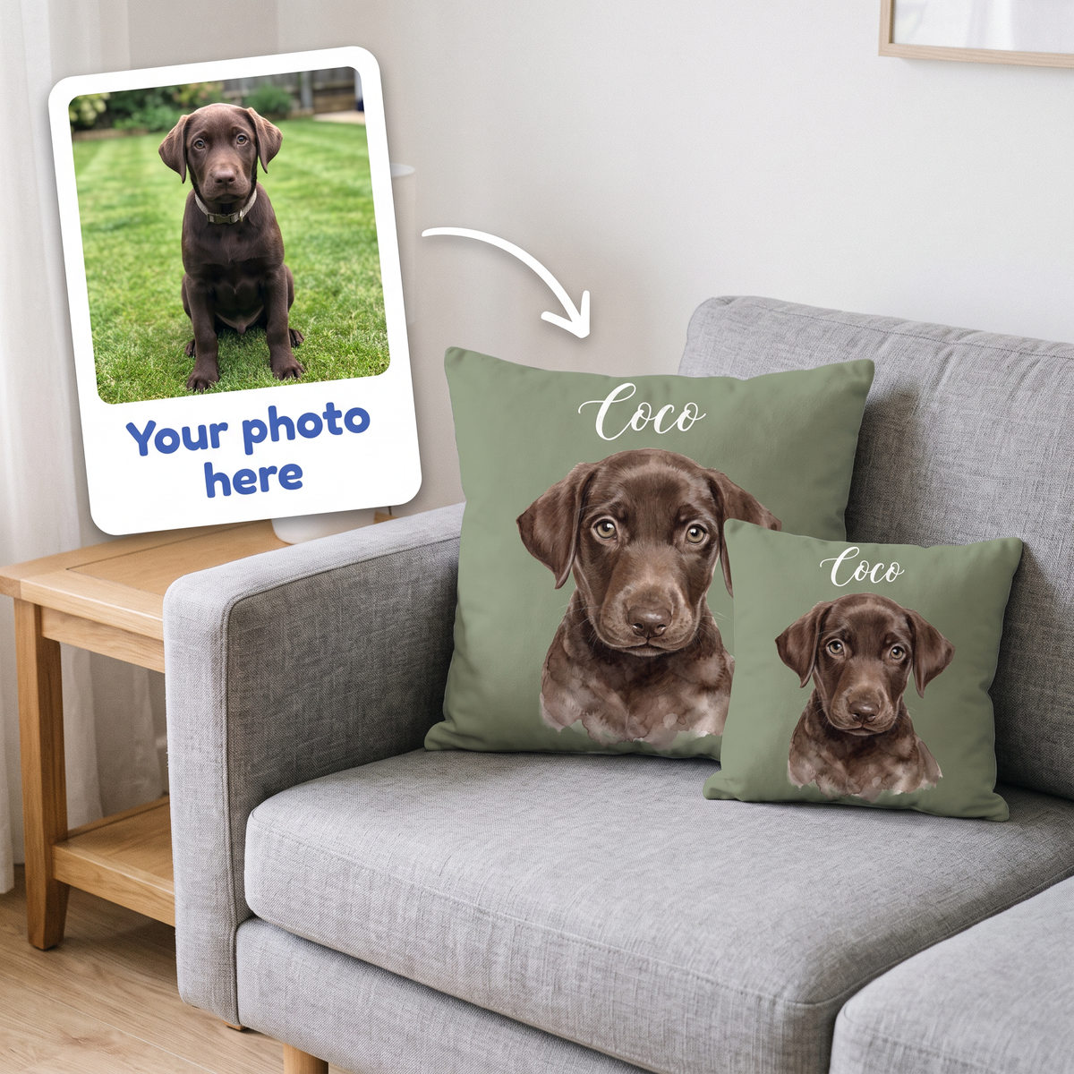 Your photo here - your pet's photo turned into a Watercolour portrait on a personalised cushion