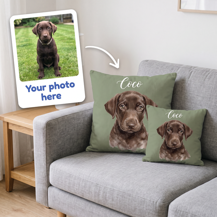 Your photo here - your pet's photo turned into a Watercolour portrait on a personalised cushion