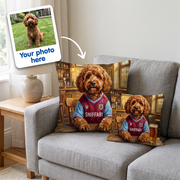 Your photo here - your pet's photo turned into a Pawston Villa portrait on a personalised cushion