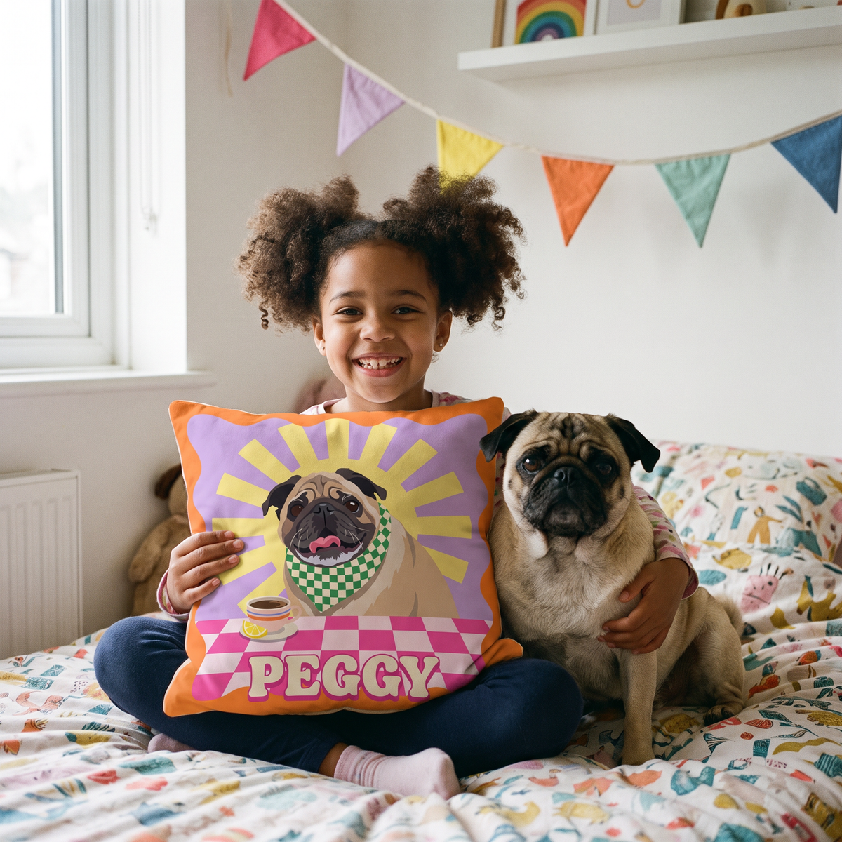 Fancy Pups Pop Art pet portrait cushion 26cm x 26cm being enjoyed at home