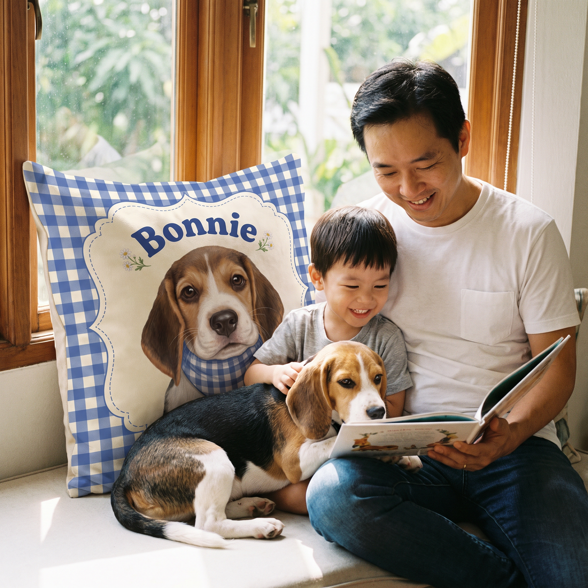 Picnic Gingham pet portrait cushion 45cm x 45cm in a family home with the real pet