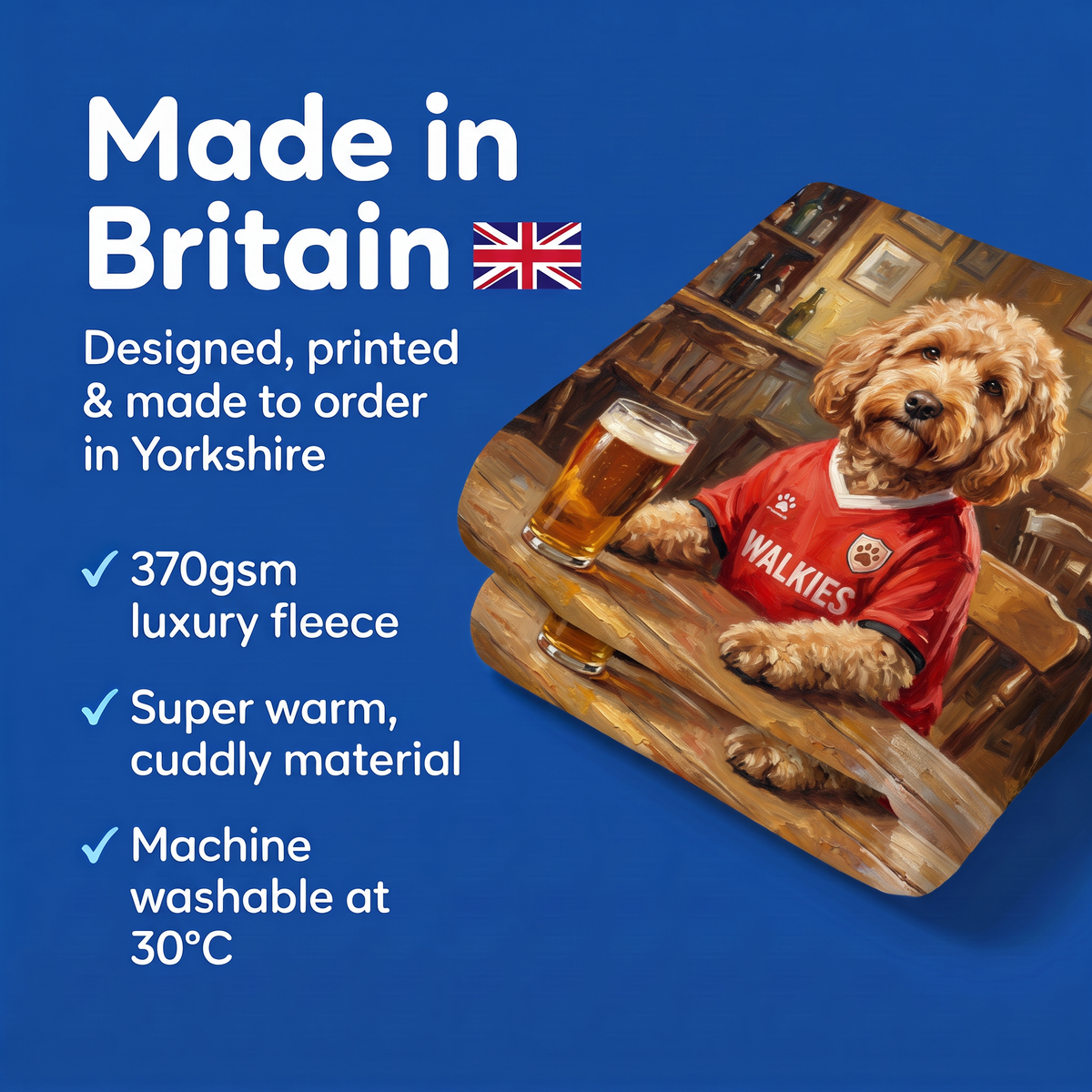 Made in Britain - designed, printed and made to order in Yorkshire, super warm cuddly fleece