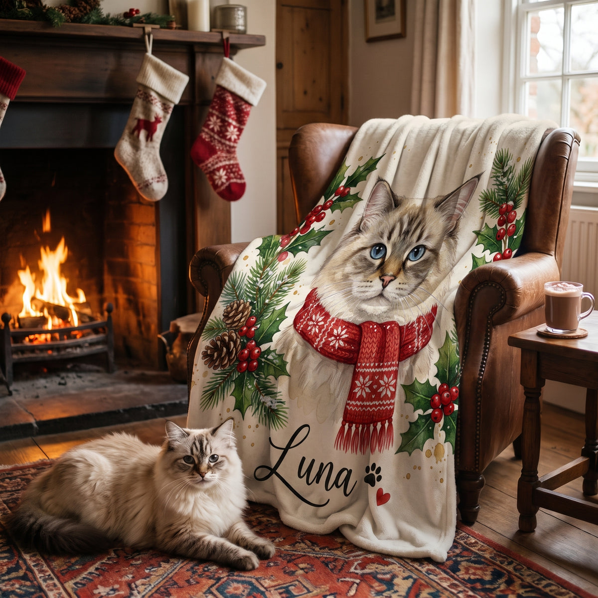 Christmas Holly Wreath personalised pet blanket at home with the real pet