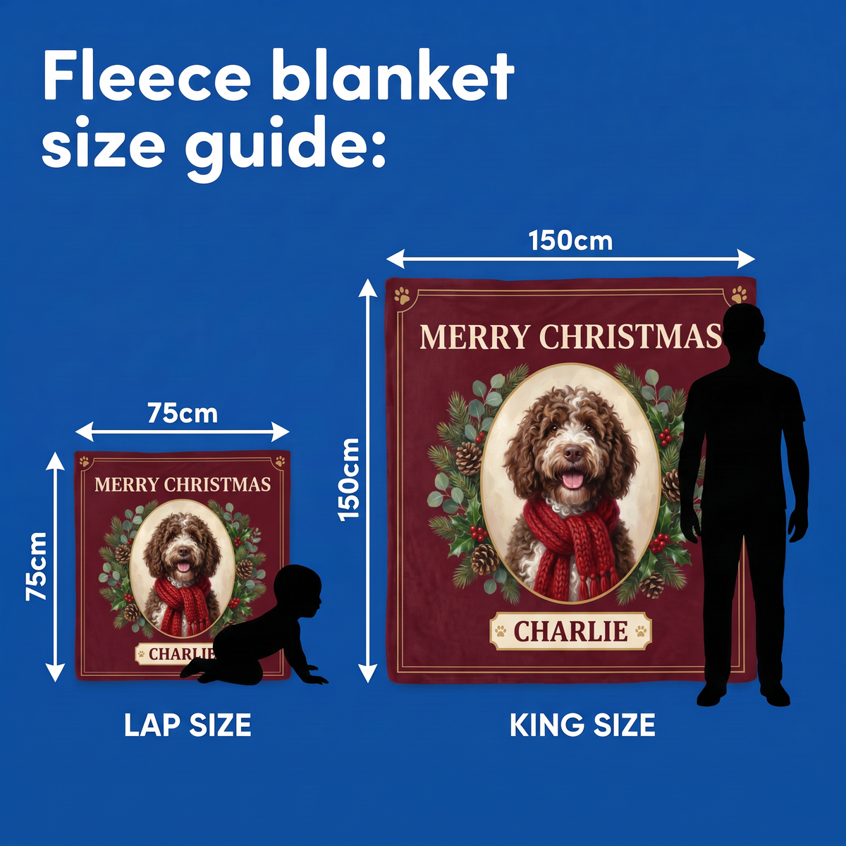 Fleece blanket size guide - Lap Size 75cm x 75cm and King Size 150cm x 150cm