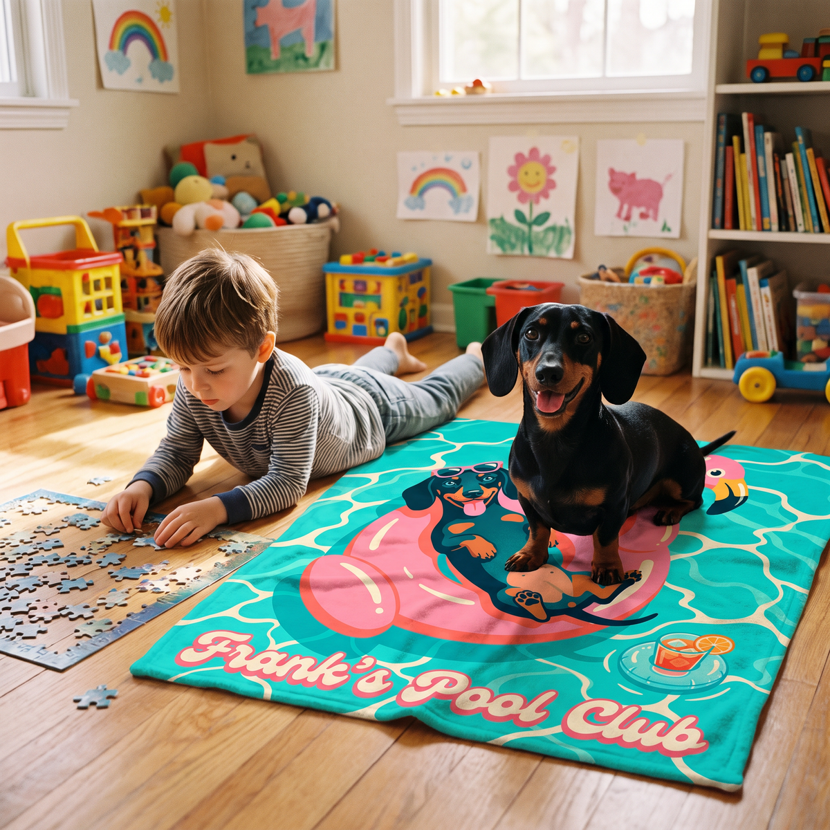 Boy doing a jigsaw beside his dachshund on a lap size Pool Club blanket