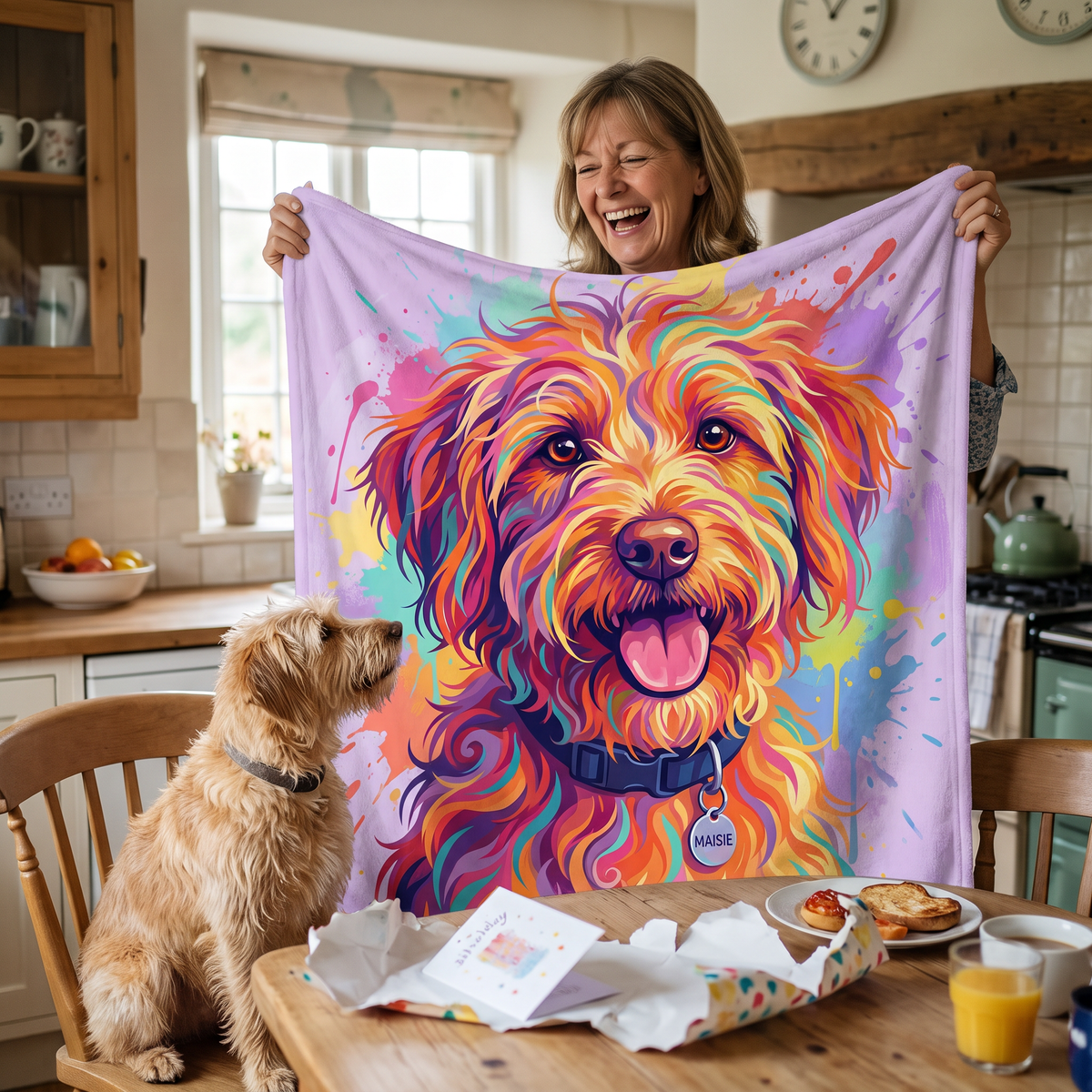 Paint Splash pet portrait king size fleece throw being enjoyed