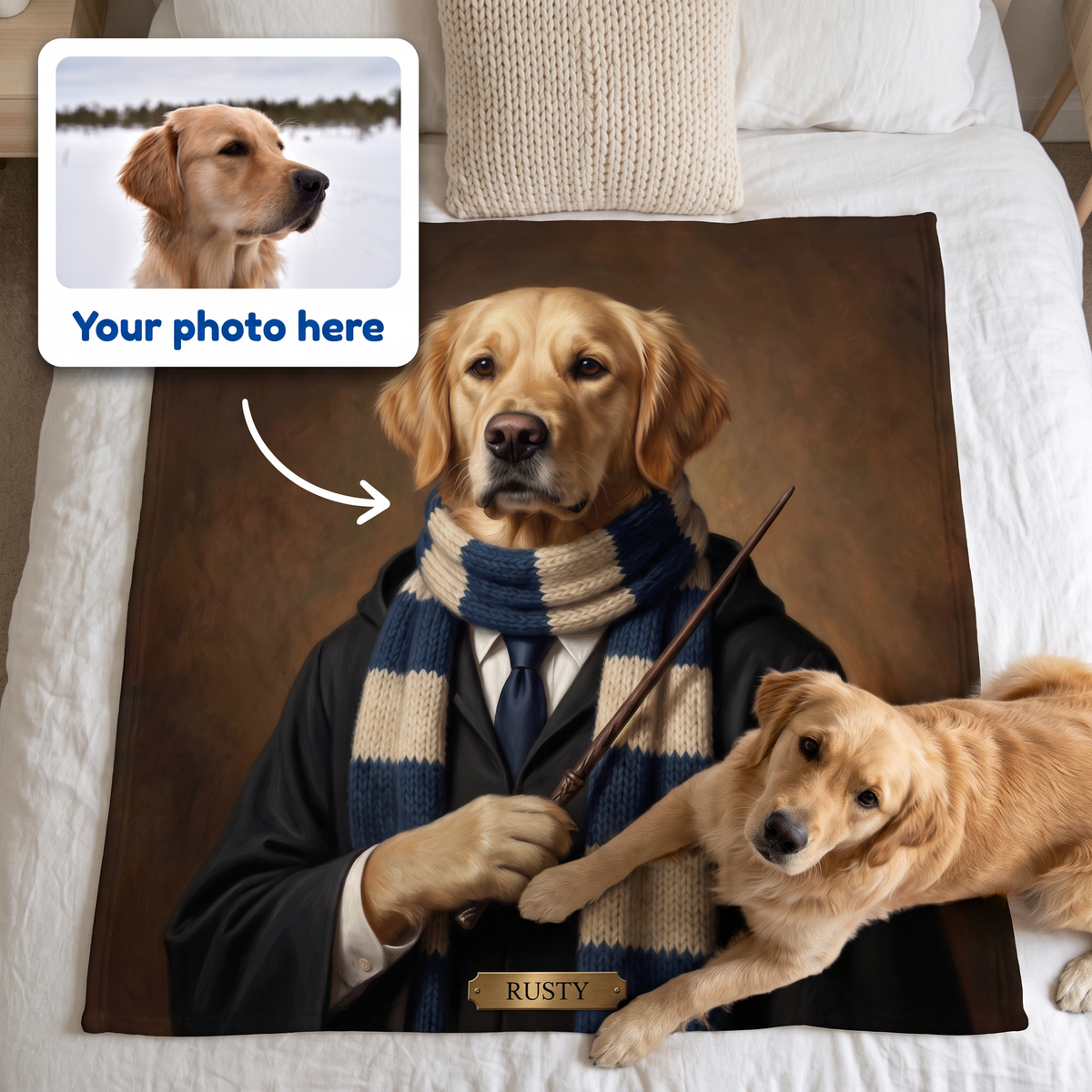Your photo here - your pet's photo turned into a Wizard School portrait on a king size fleece blanket