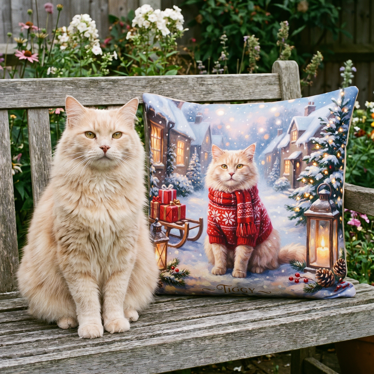 Christmas Snowy Village personalised pet cushion with the real pet