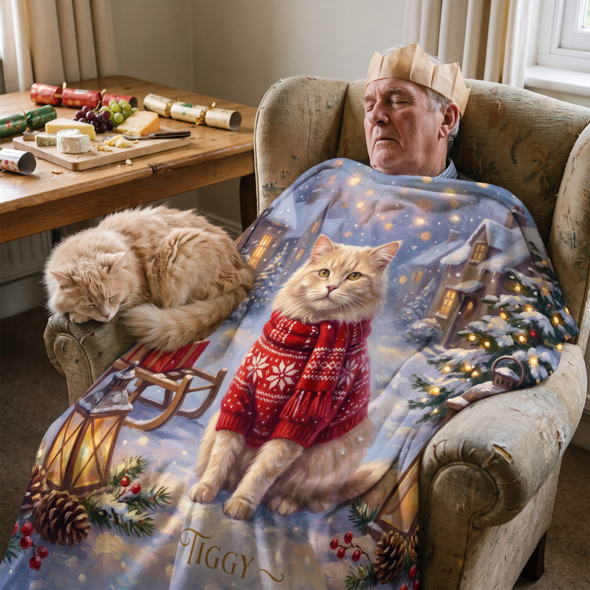 Christmas Snowy Village personalised pet blanket at home with the real pet