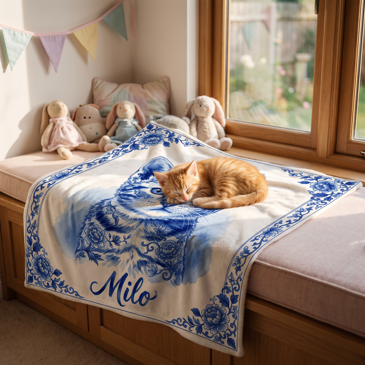 Ginger kitten asleep on a lap size porcelain kitten portrait blanket