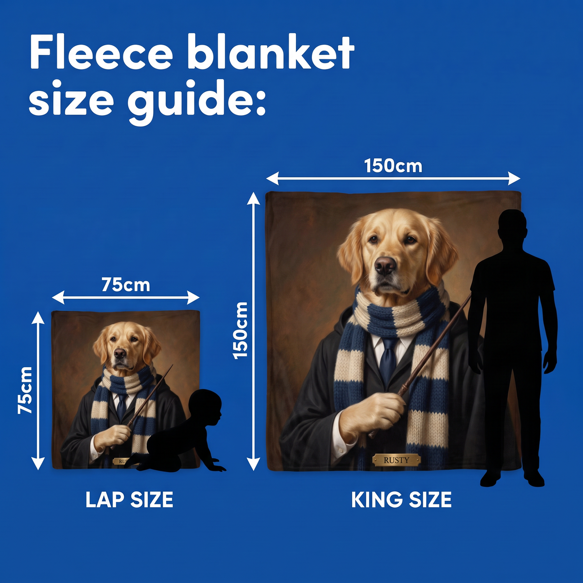 Fleece blanket size guide - Lap Size 75cm x 75cm and King Size 150cm x 150cm