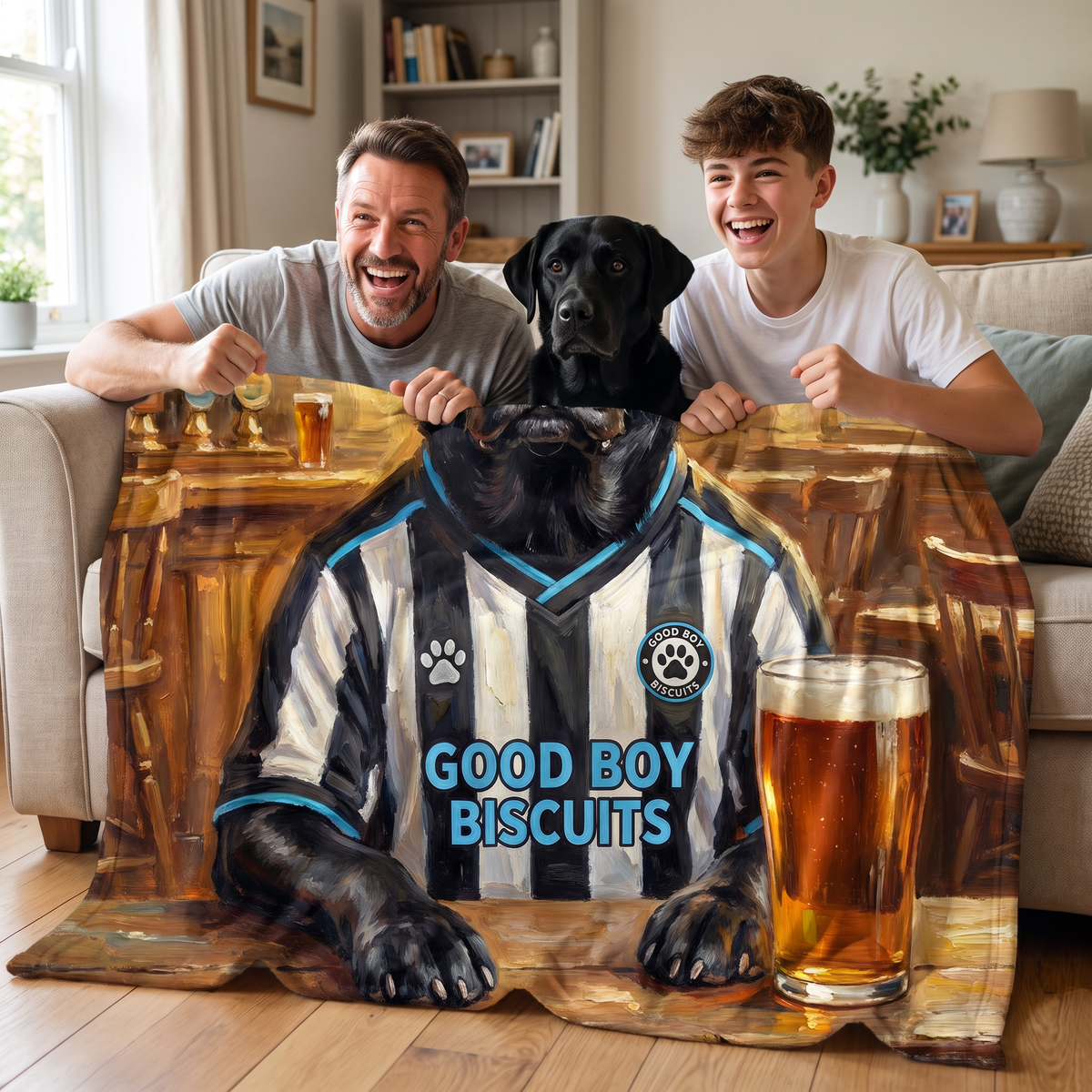 Petcastle United pet portrait fleece blanket in a cosy lifestyle setting