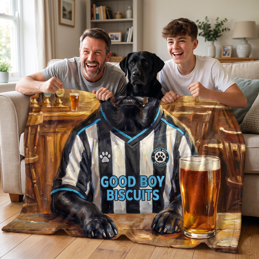 Petcastle United pet portrait fleece blanket in a cosy lifestyle setting