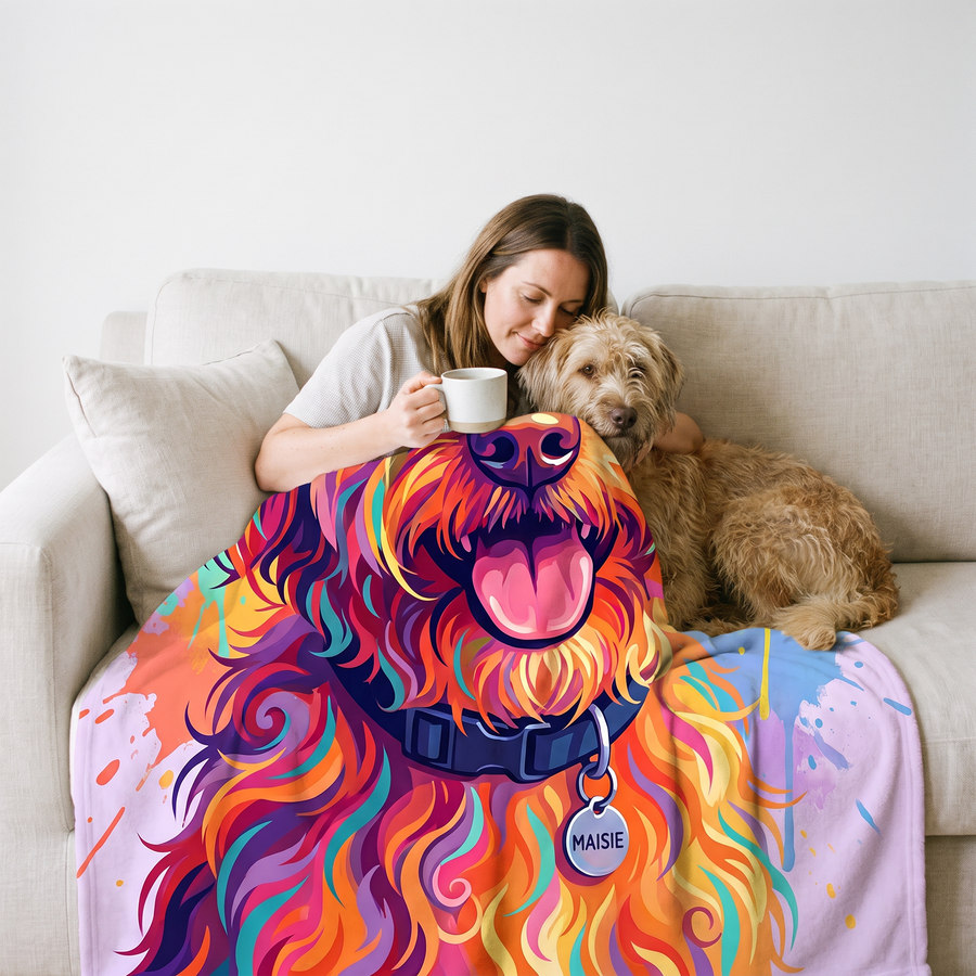 Paint Splash pet portrait fleece blanket in a cosy lifestyle setting