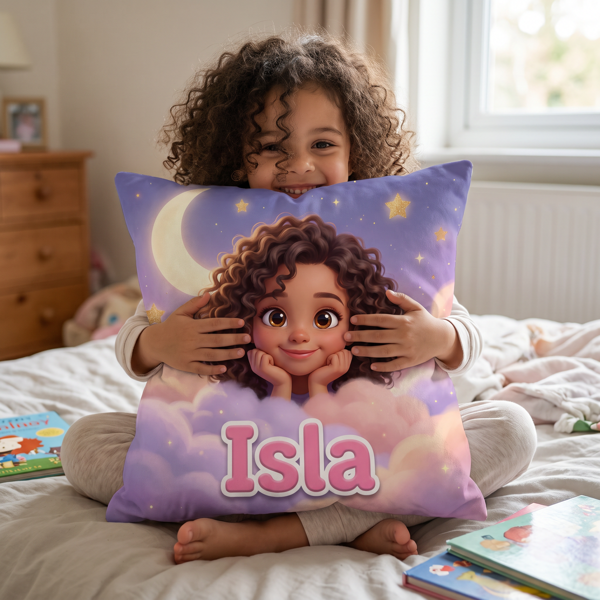 Dreamy Clouds personalised cushion at home with the real child