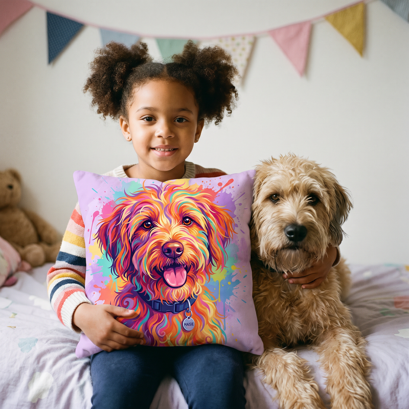 Paint Splash pet portrait cushion 26cm x 26cm being enjoyed at home