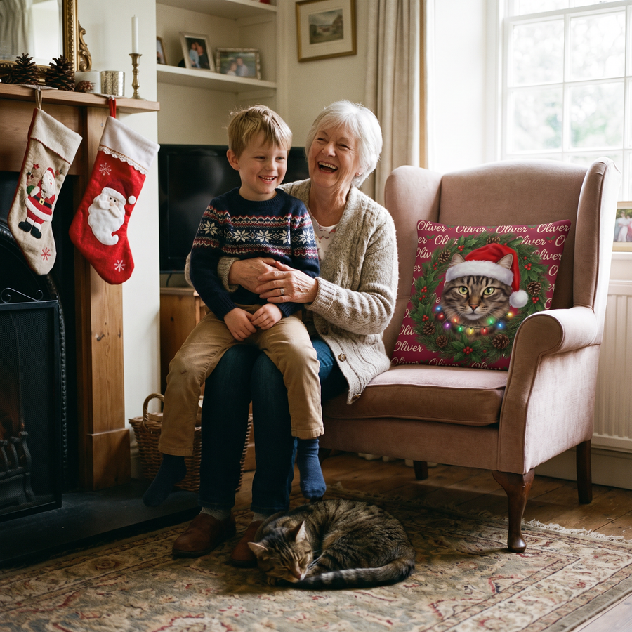 Christmas Wreath pet portrait cushion 45cm x 45cm in a family home with the real pet