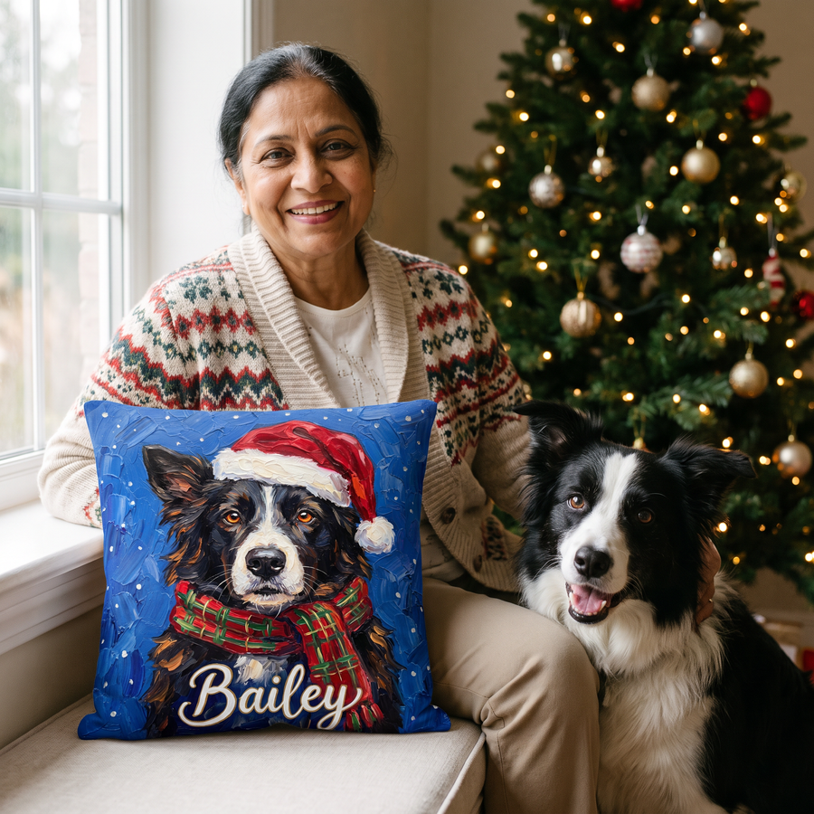 Christmas pet portrait cushion 26cm x 26cm being enjoyed at home