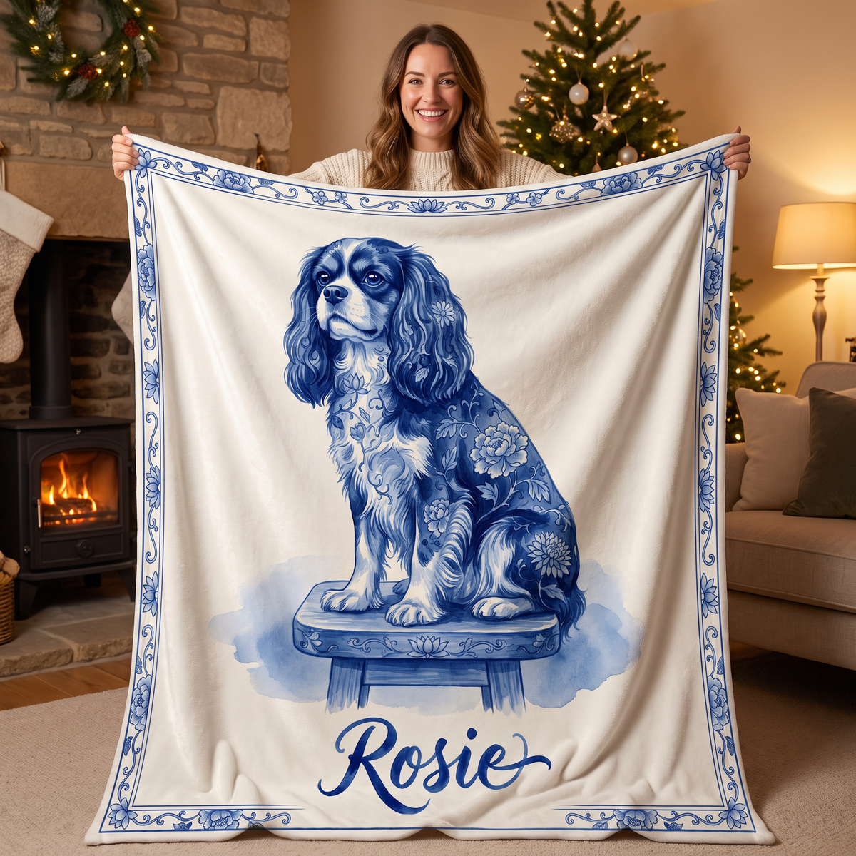 Personalised porcelain pet portrait fleece blanket held up in a cosy living room at Christmas