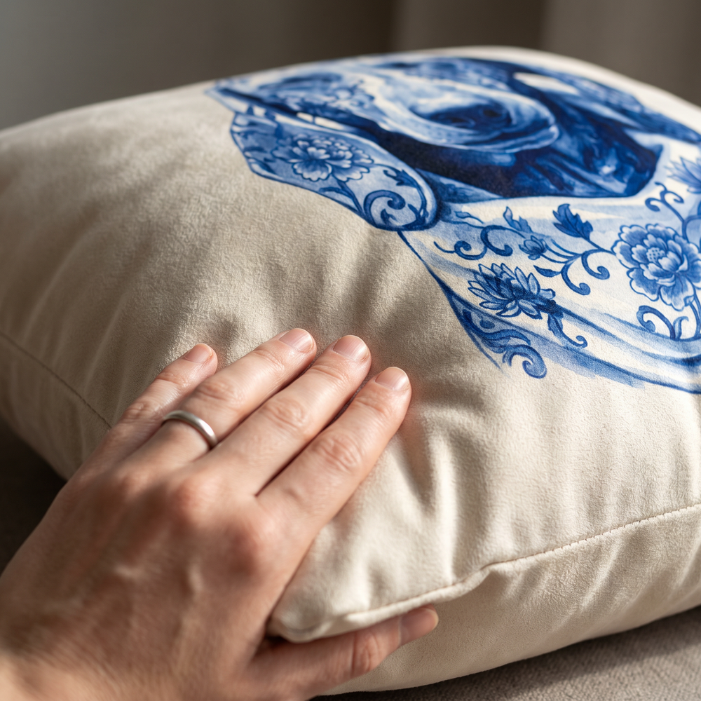 Close up of a hand on the soft-touch faux suede showing the Porcelain print
