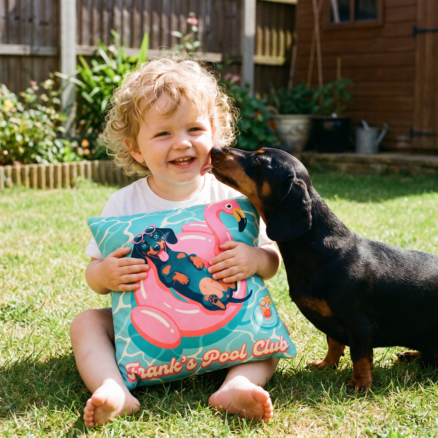 Pool Club pet portrait cushion 26cm x 26cm being enjoyed at home