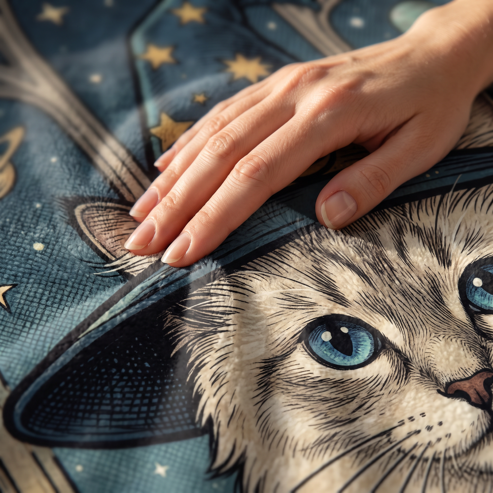 Close up of a hand on the ultra soft plush fleece showing the Tarot Card print