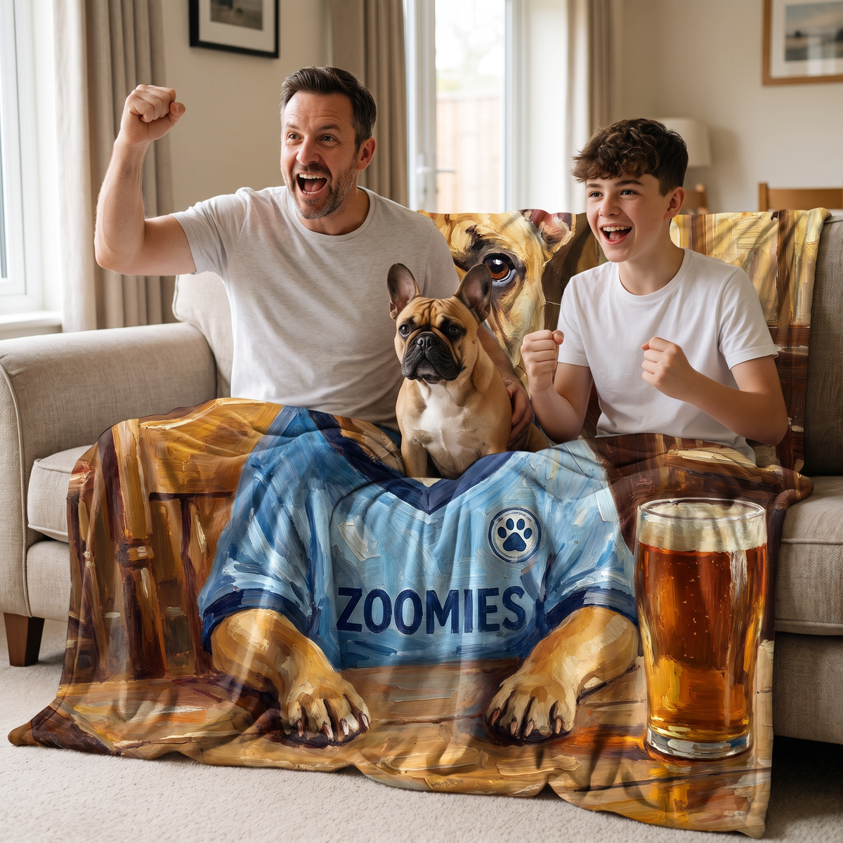 Pawchester City pet portrait king size fleece throw being enjoyed