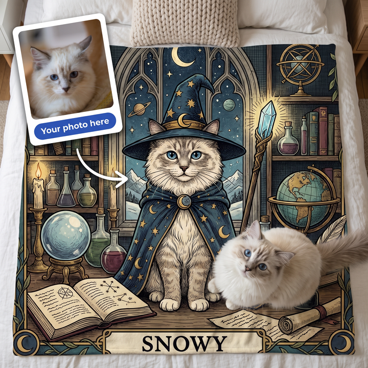 Your photo here - your pet's photo turned into a Tarot Card portrait on a king size fleece blanket