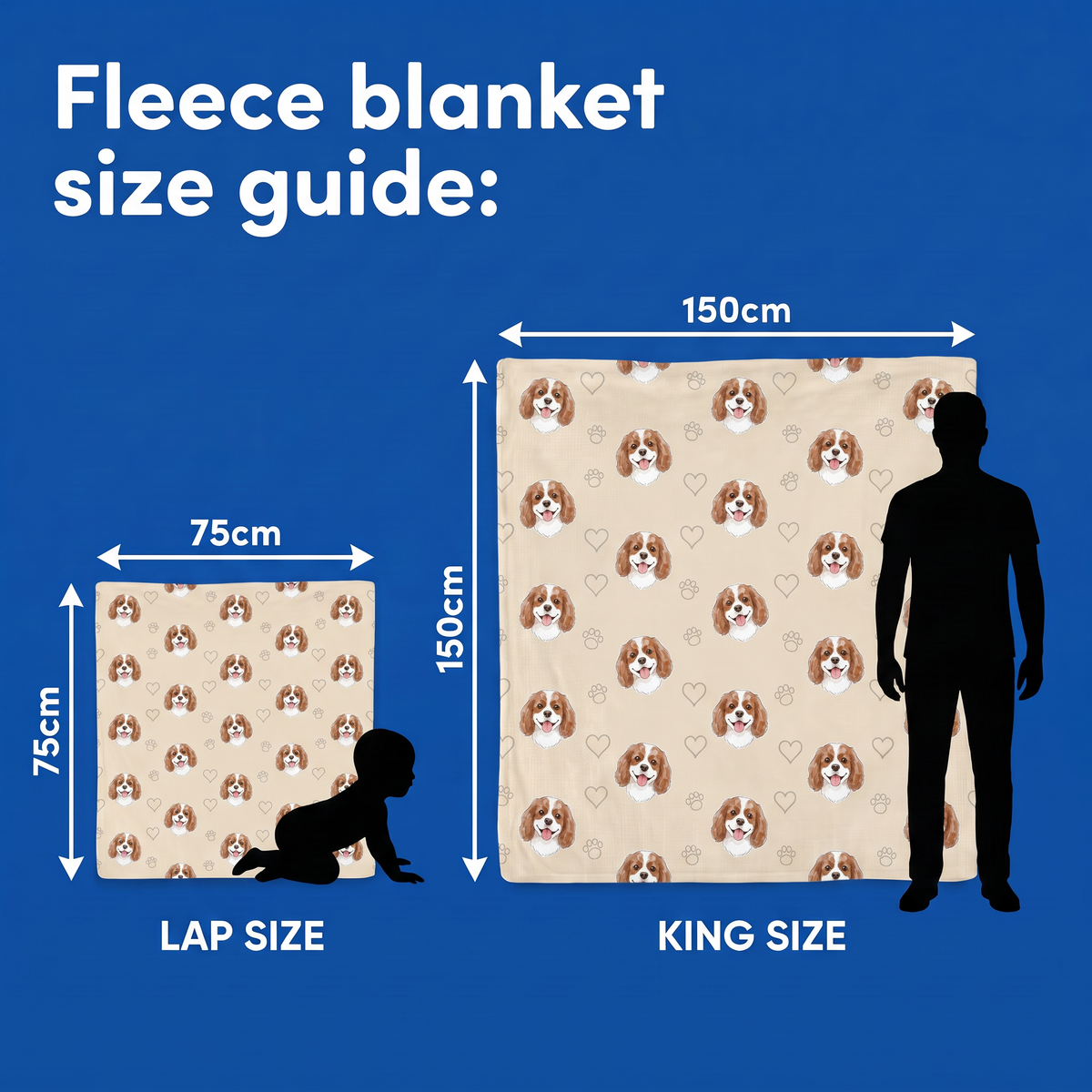 Fleece blanket size guide - Lap Size 75cm x 75cm and King Size 150cm x 150cm