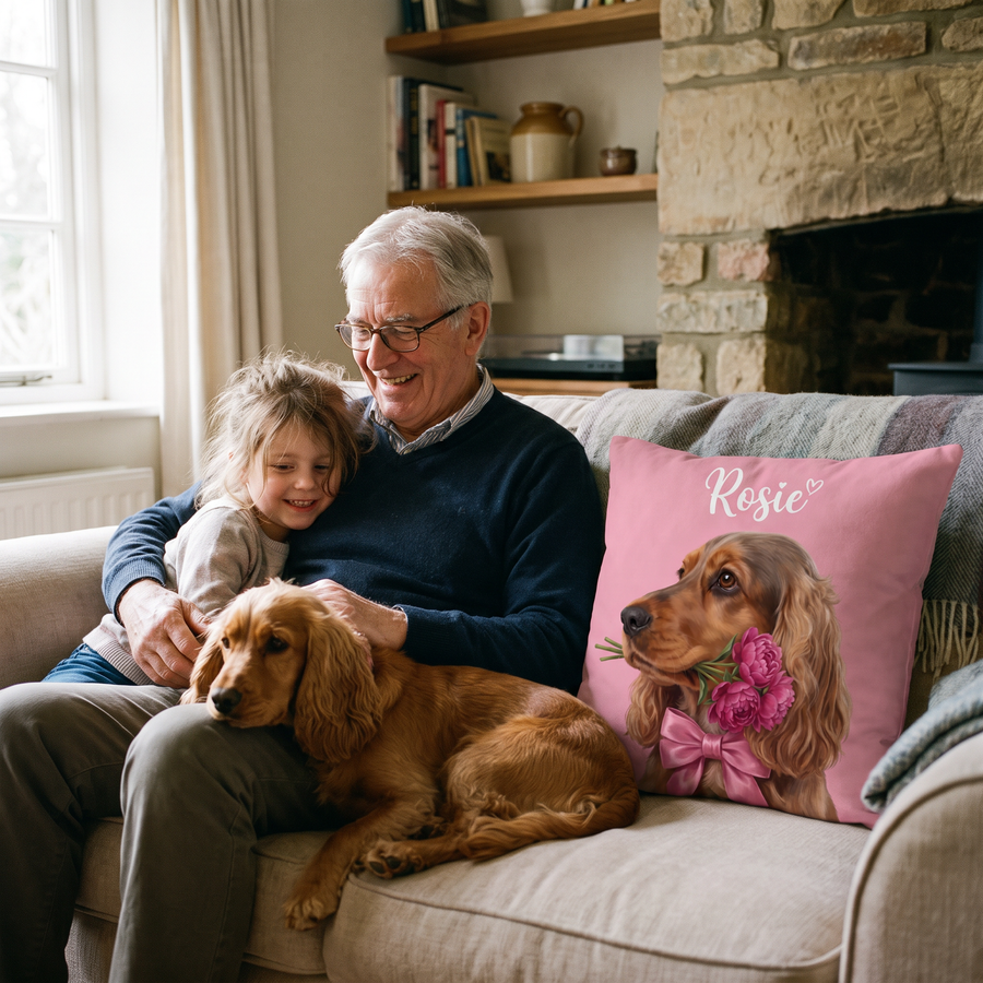 Sweetheart pet portrait cushion 45cm x 45cm in a family home with the real pet