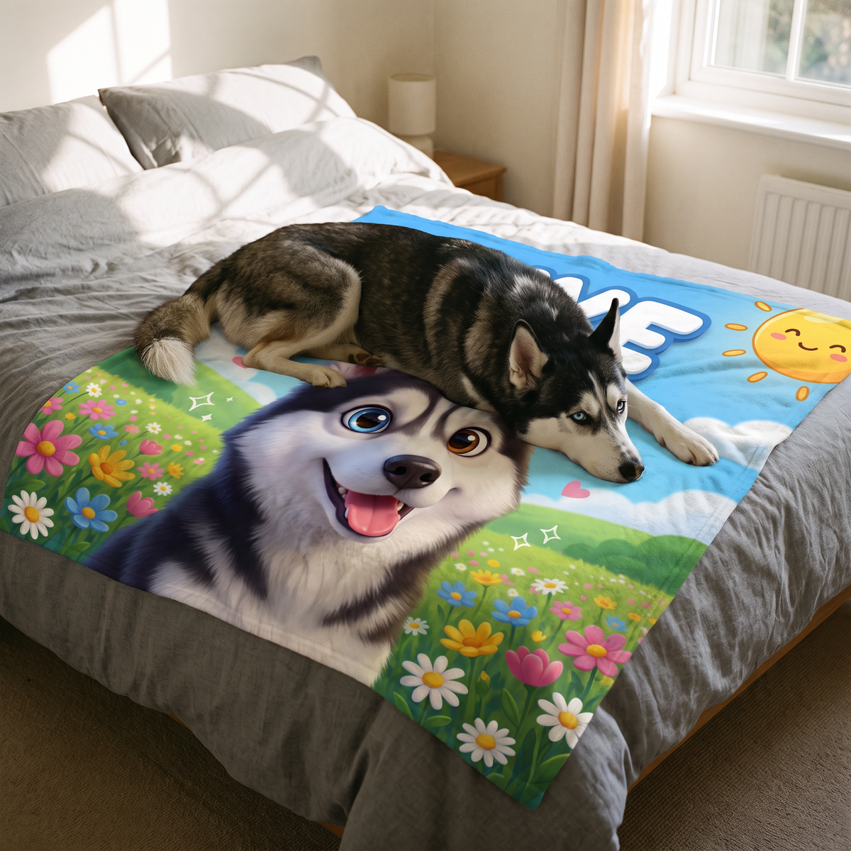 Meadow Cartoon personalised pet blanket at home with the real pet