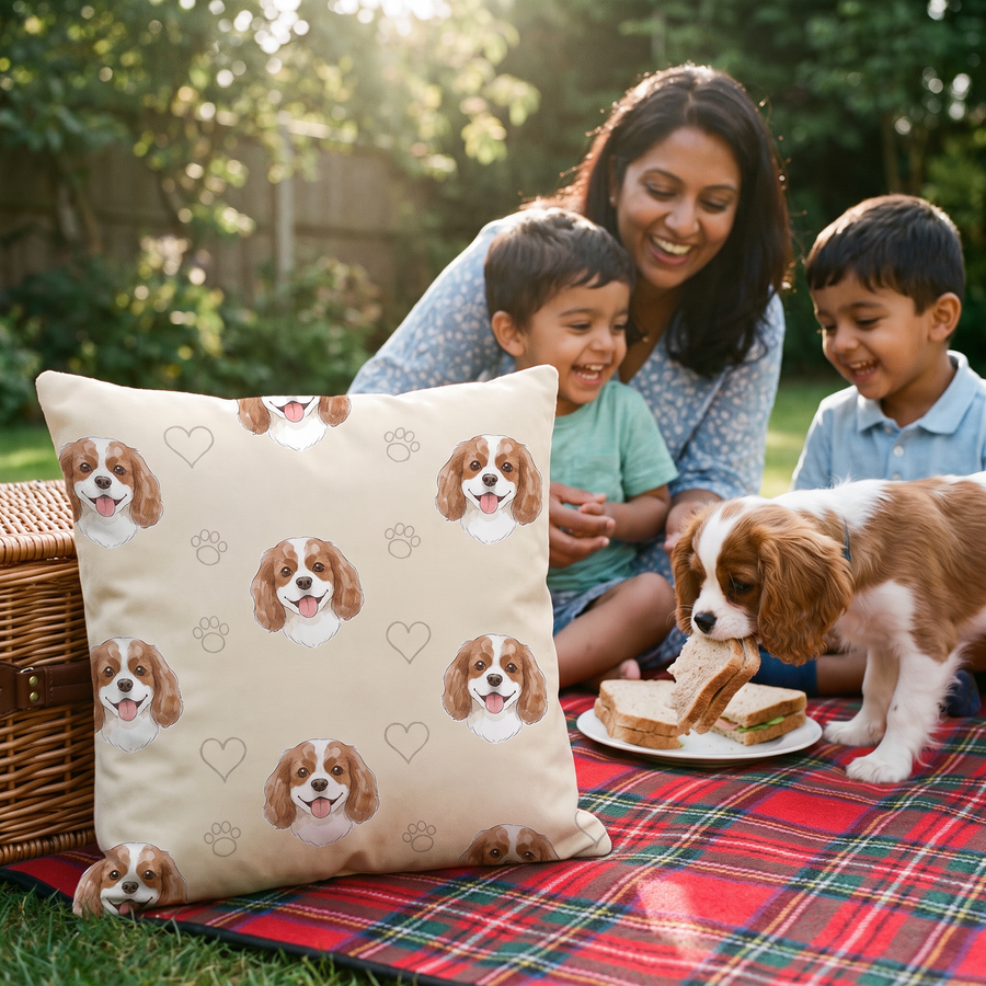 Watercolour Pattern pet portrait cushion 45cm x 45cm in a family home with the real pet