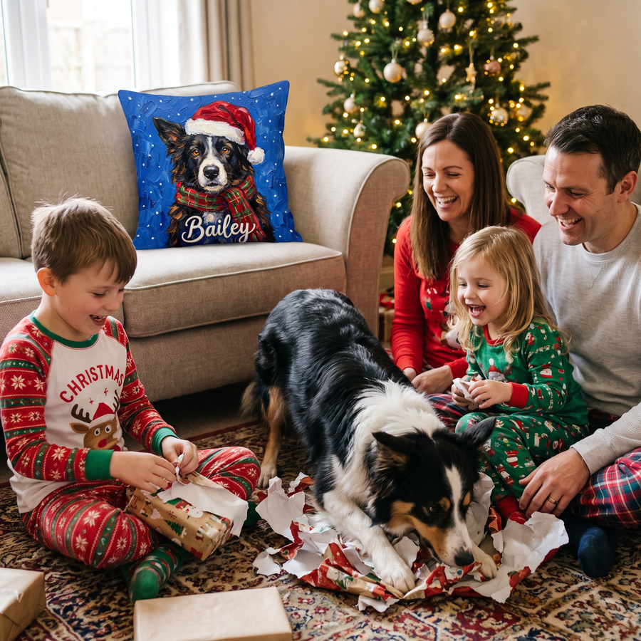 Christmas pet portrait cushion 45cm x 45cm in a family home with the real pet
