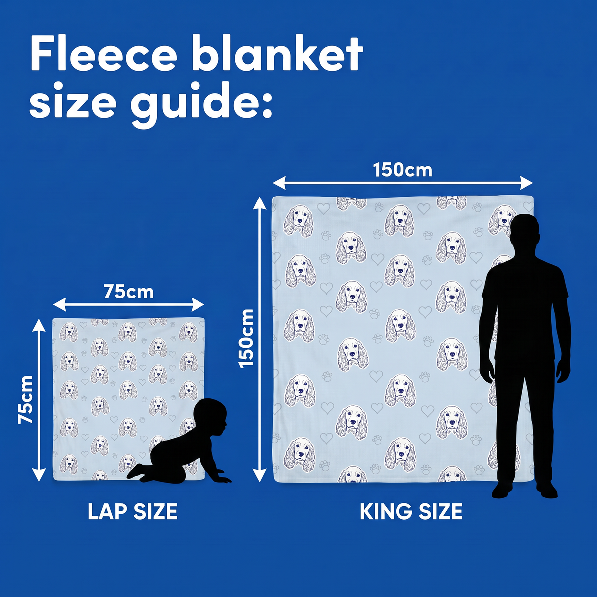 Fleece blanket size guide - Lap Size 75cm x 75cm and King Size 150cm x 150cm