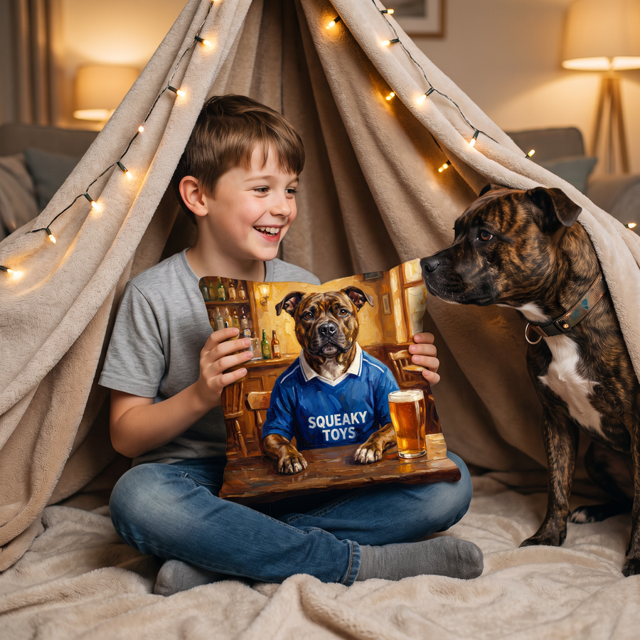 Chewsea pet portrait cushion 26cm x 26cm being enjoyed at home