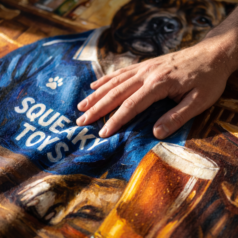 Close up of a hand on the ultra soft plush fleece showing the Chewsea print