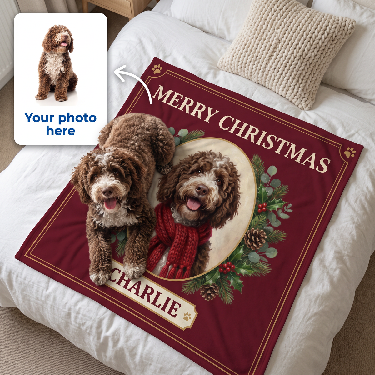 Your photo here - your pet's photo turned into a Christmas Card portrait on a king size fleece blanket