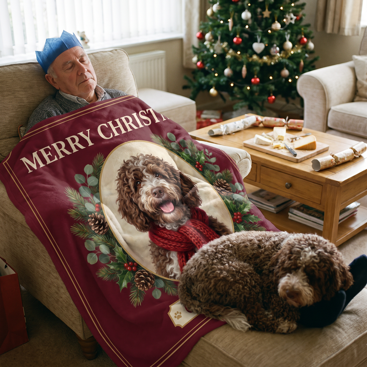 Christmas Card personalised pet blanket at home with the real pet