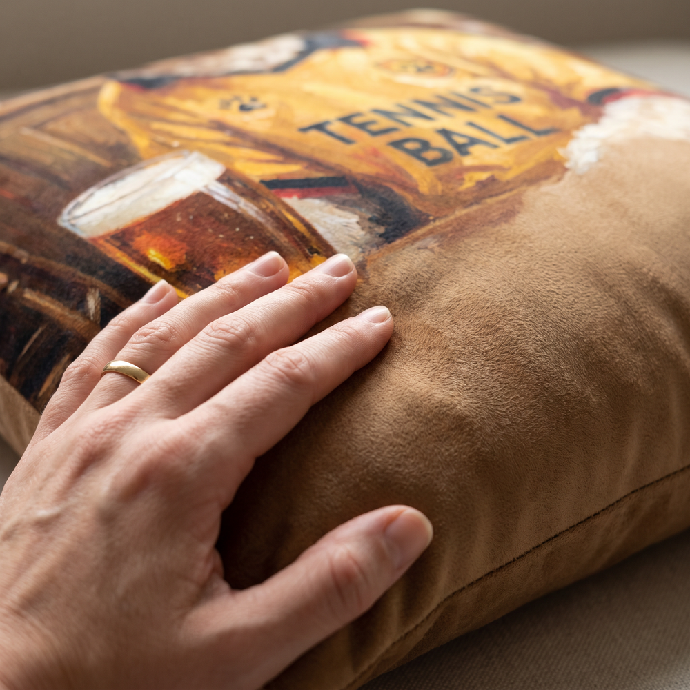 Close up of a hand on the soft-touch faux suede showing the Wagford print