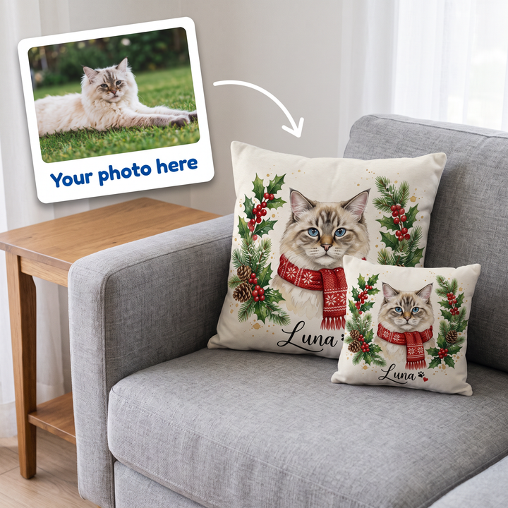 Your photo here - your pet's photo turned into a Christmas Holly Wreath portrait on a personalised cushion