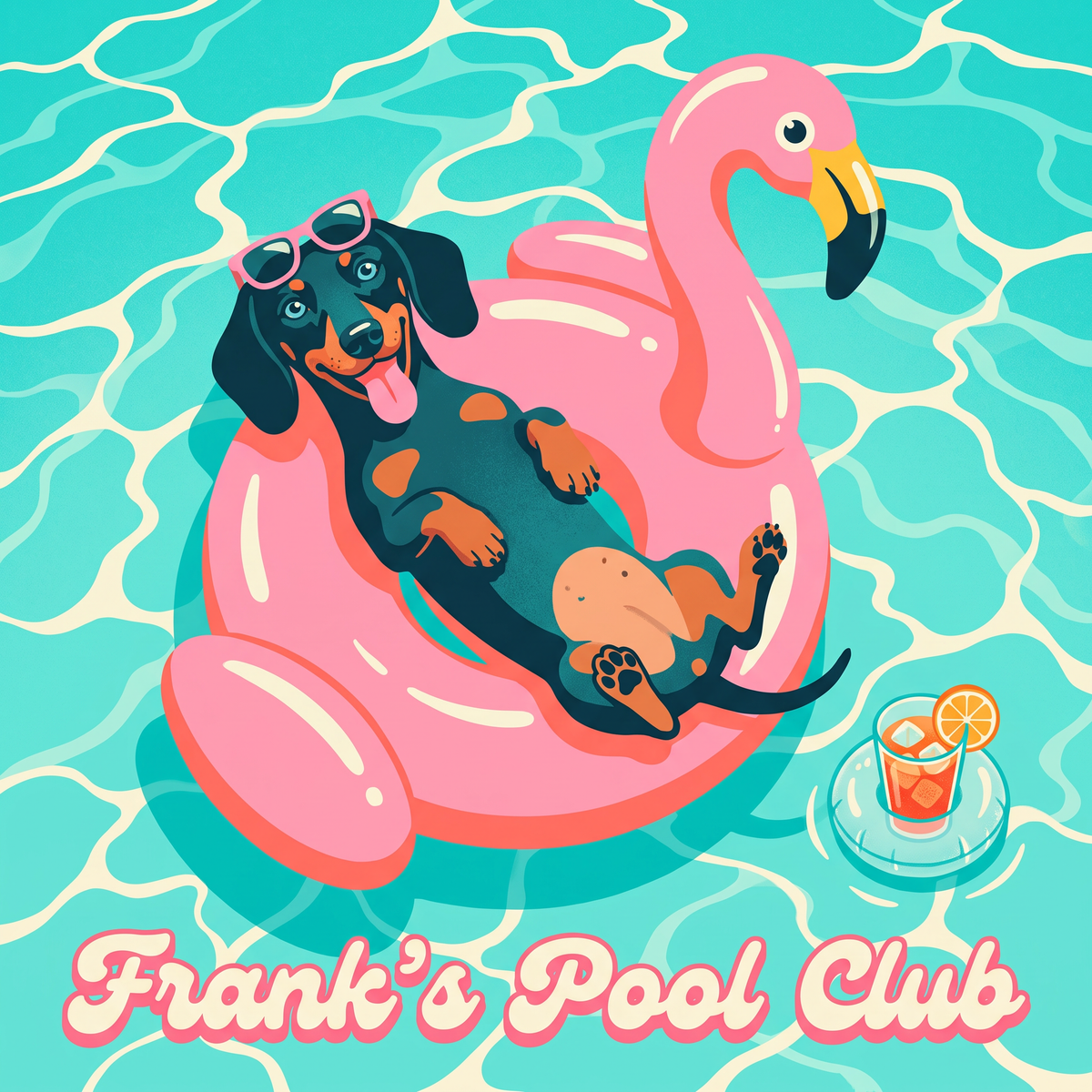 Pool Club pet portrait artwork of a dachshund on a pink flamingo float