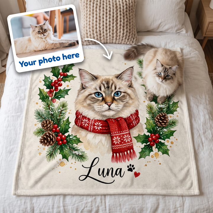 Your photo here - your pet's photo turned into a Christmas Holly Wreath portrait on a king size fleece blanket